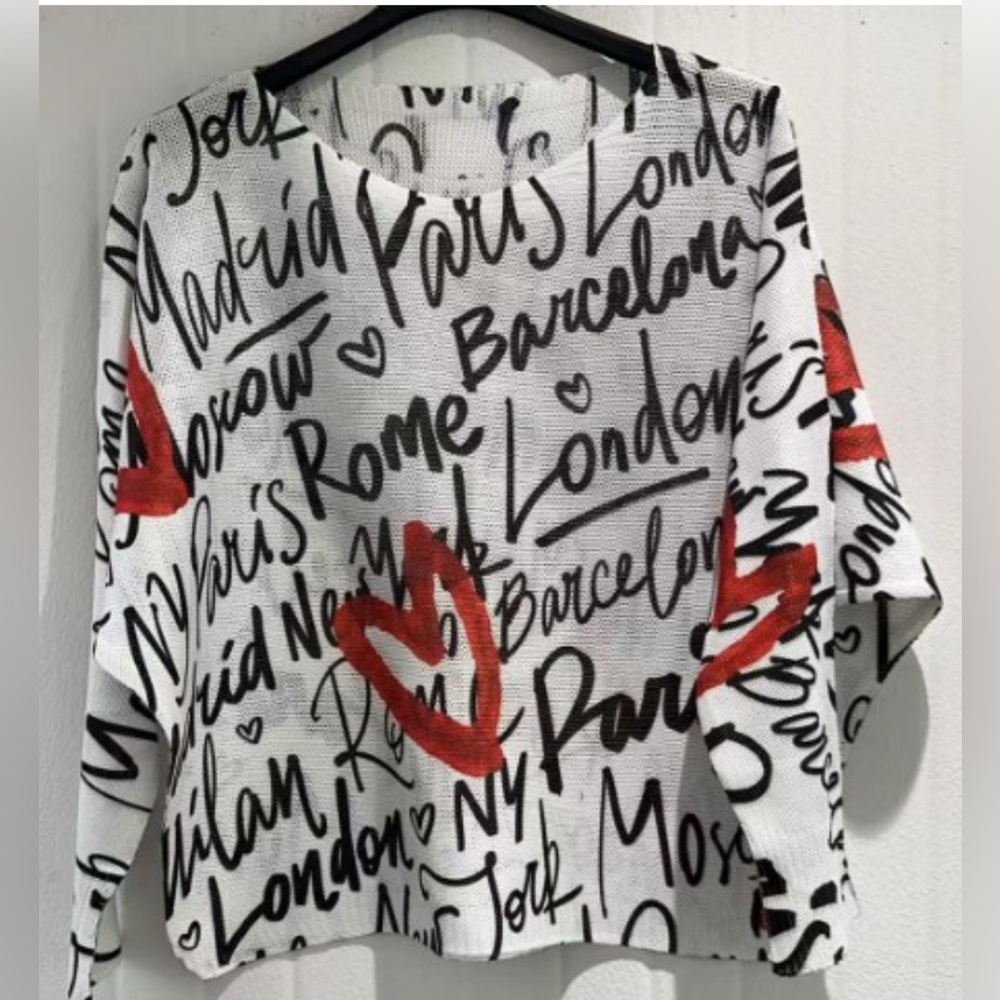 White Script-Print Sweater with Red Hearts - Women